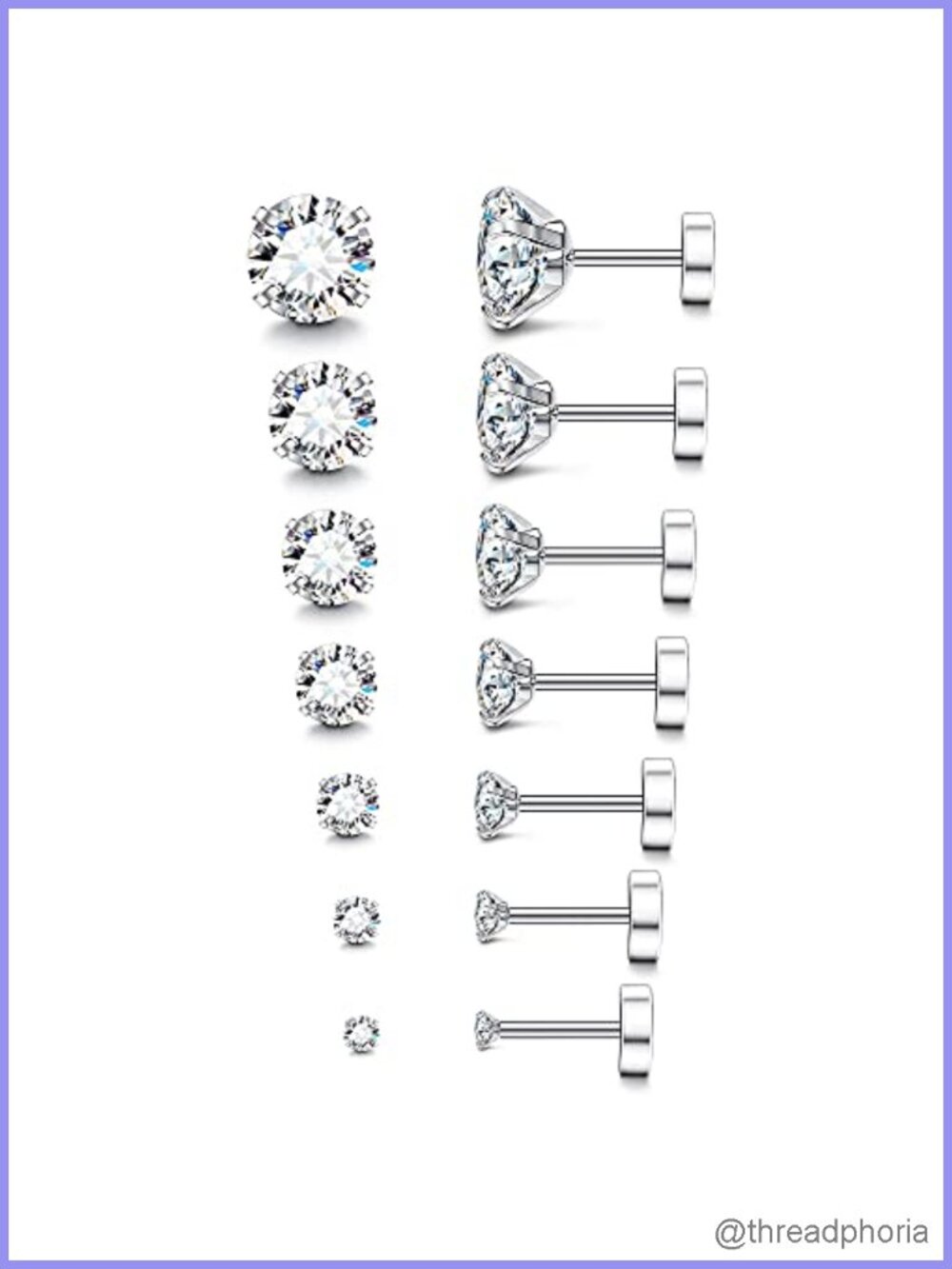 20G Hypoallergenic Flat Back Stud Earrings 316L Stainless Steel Cubic Zirconia